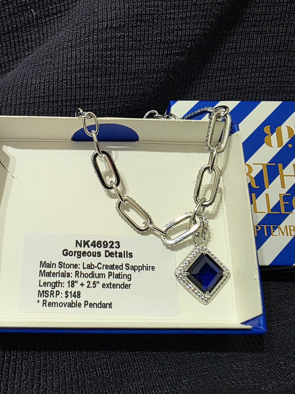 Gorgeous Details Rhodium-Plated Necklace with Blue Sapphire Pendant